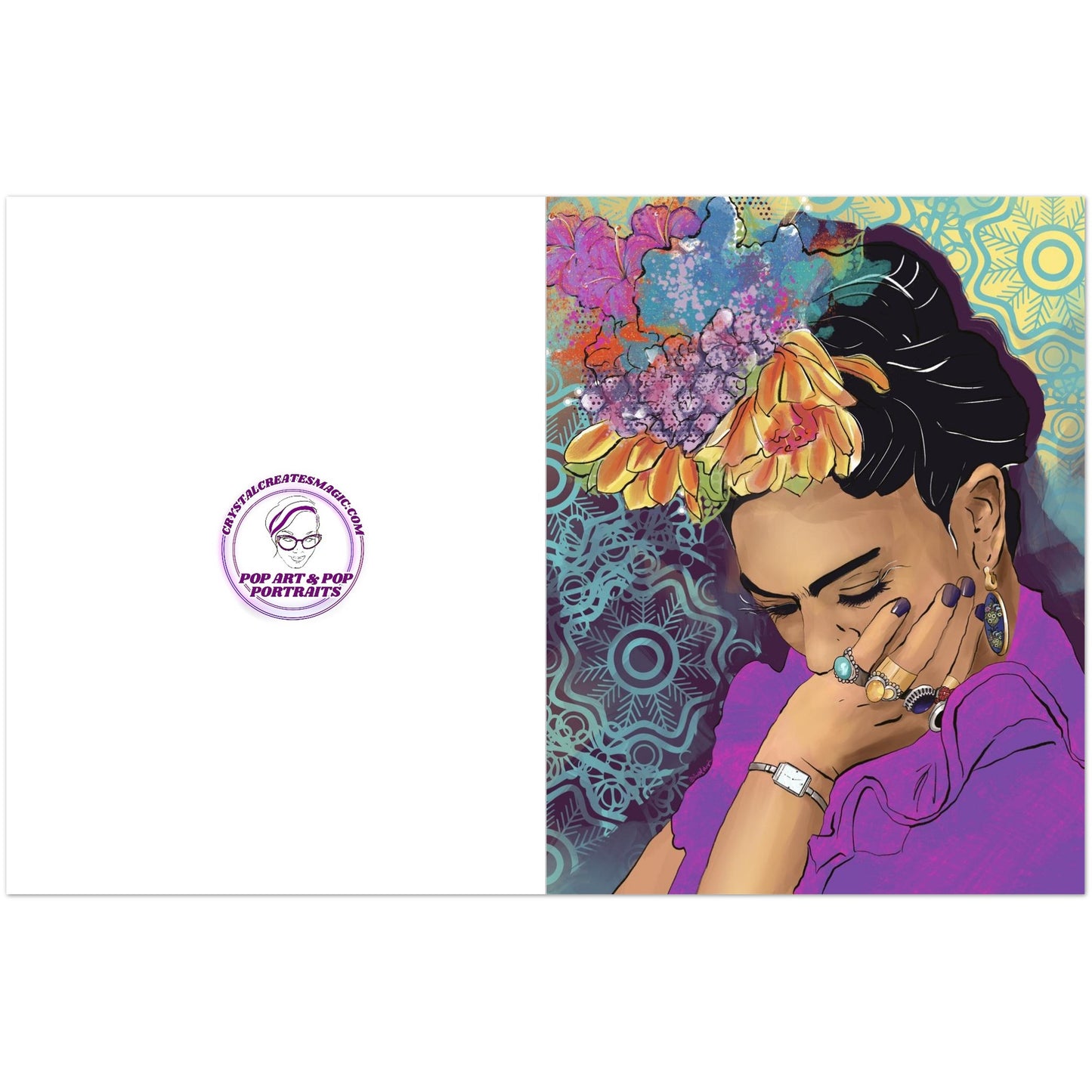Frida Kahlo greeting card with flower crown and bold colors