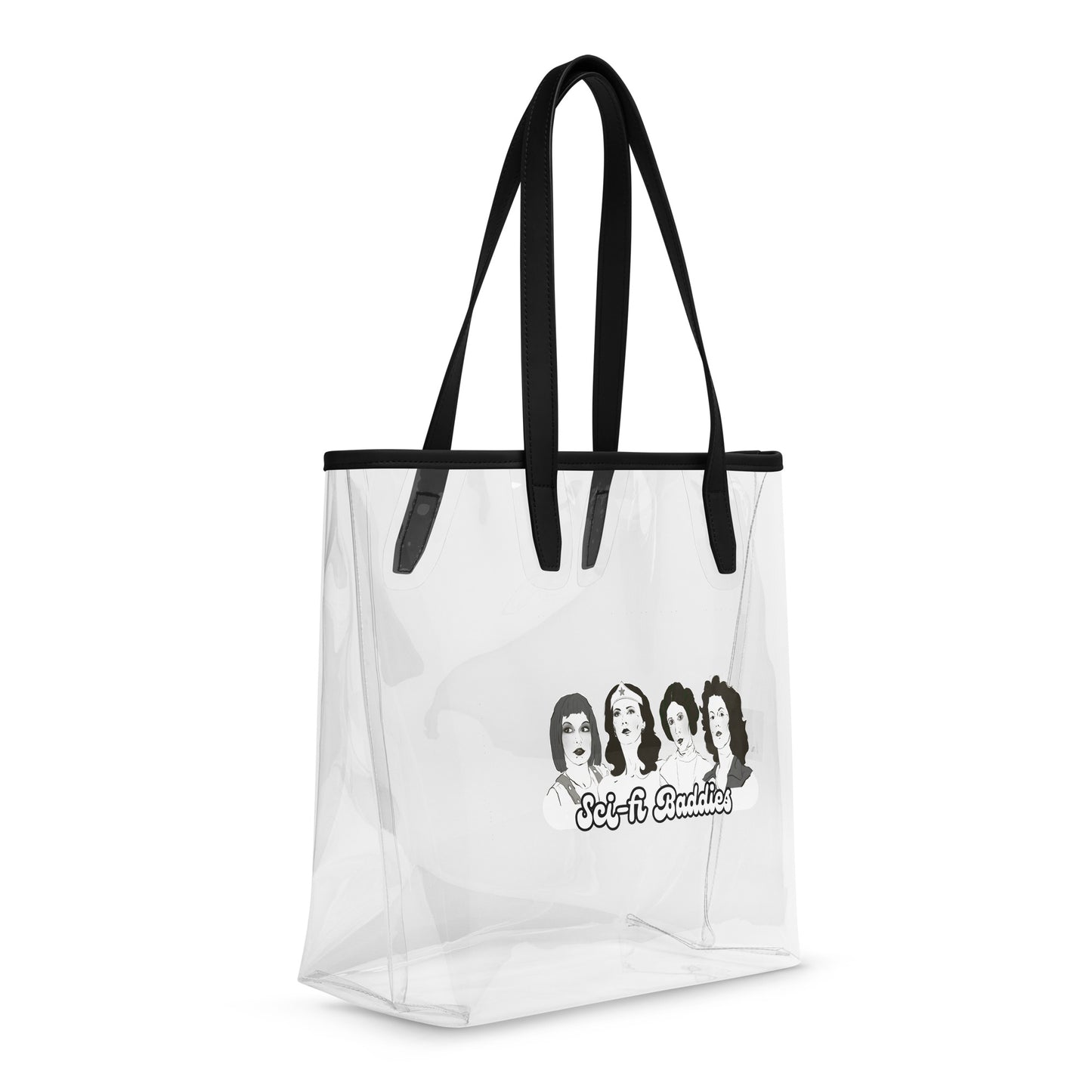Transparent tote bag with bold black edging, decorated with illustrated portraits of four iconic sci‑fi women