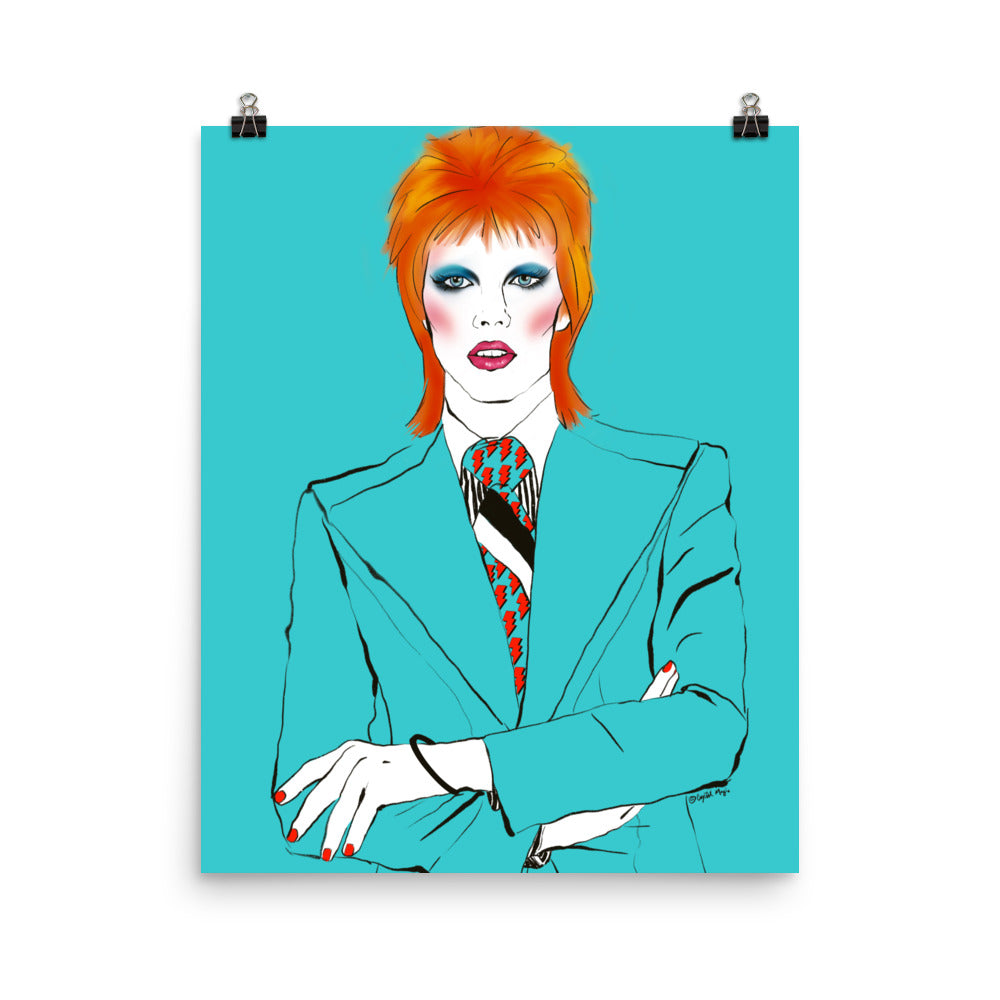 Orange hair Bowie art print with lightning tie