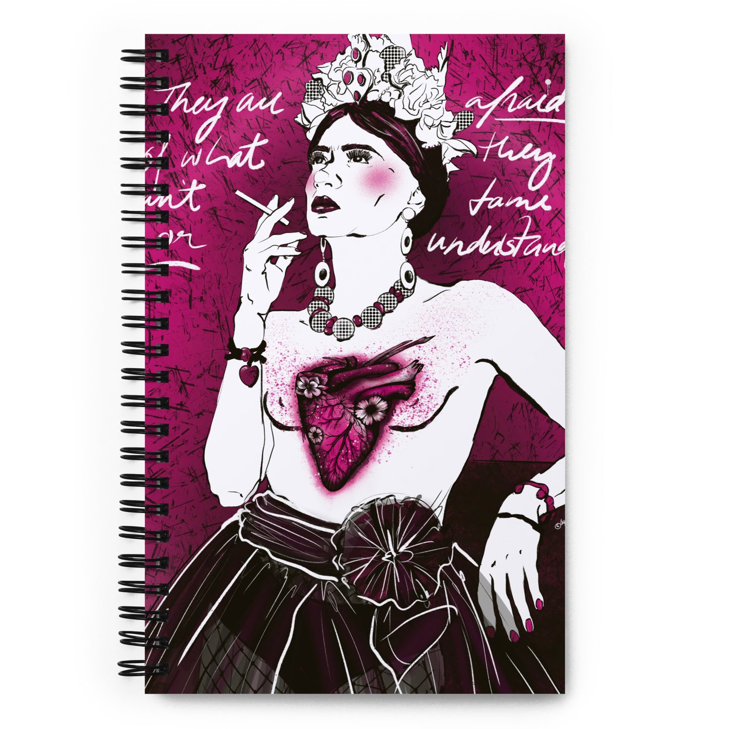 Black‑and‑white portrait notebook with fuchsia accents and tattoo heart
