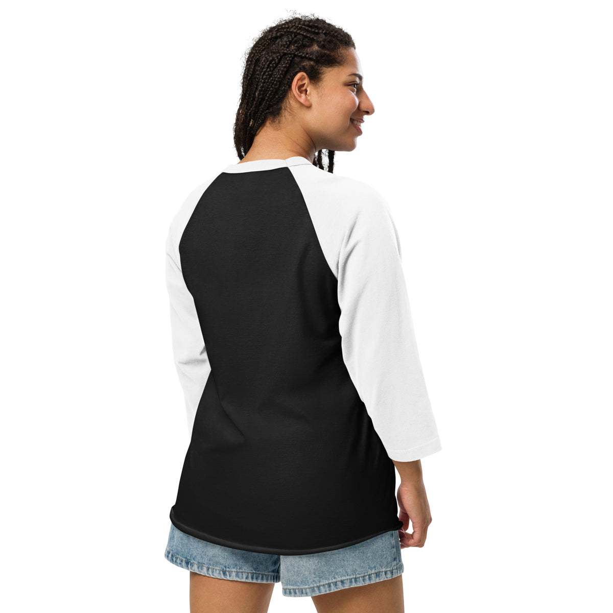 Dolly-inspired portrait on black and white ¾ sleeve raglan shirt with In Dolly We Trust Forever text.