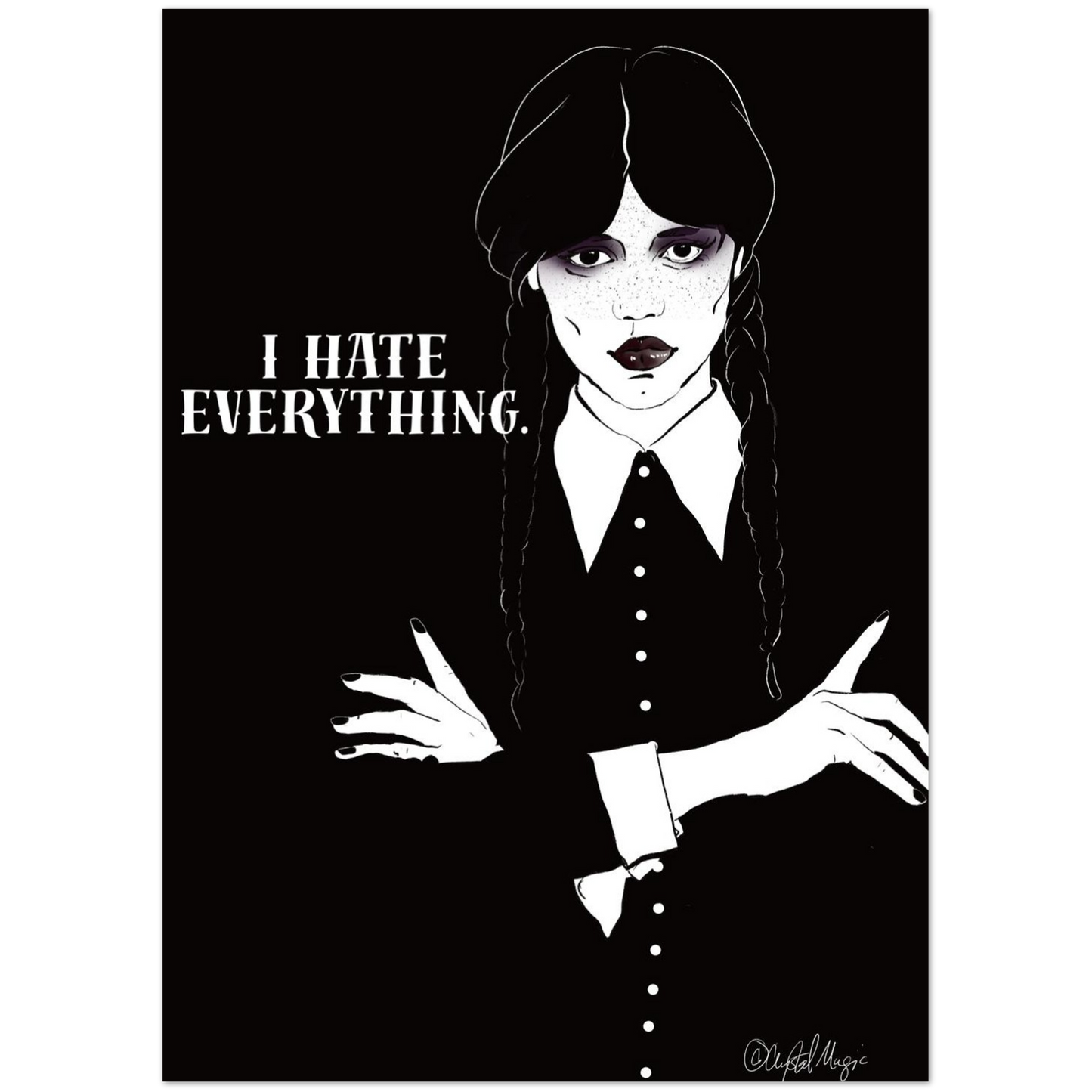 Black and white Wednesday Addams art card with arms crossed
