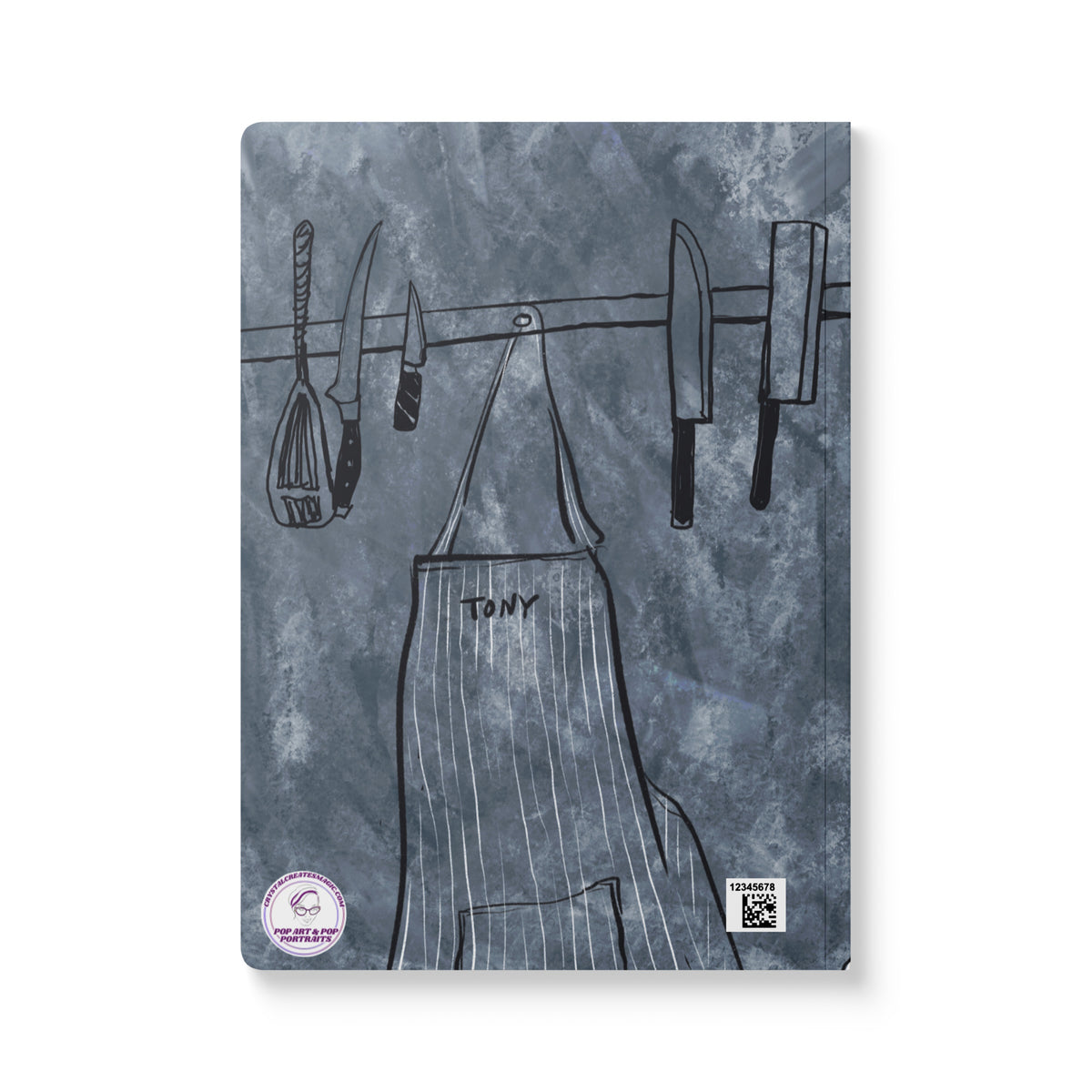 Anthony Bourdain recipe journal back cover with Tony restaurant apron