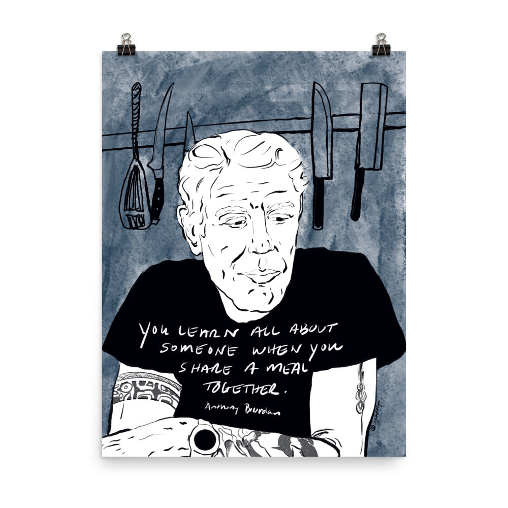 Black and white Bourdain portrait with “share a meal” quot