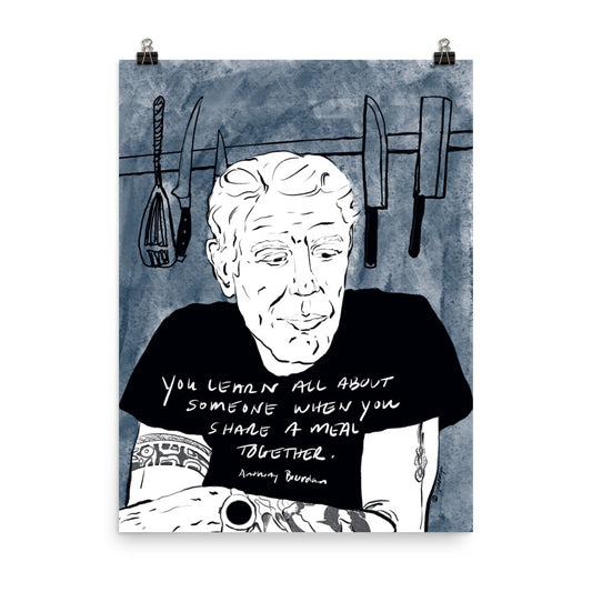 Black and white Bourdain portrait with “share a meal” quot