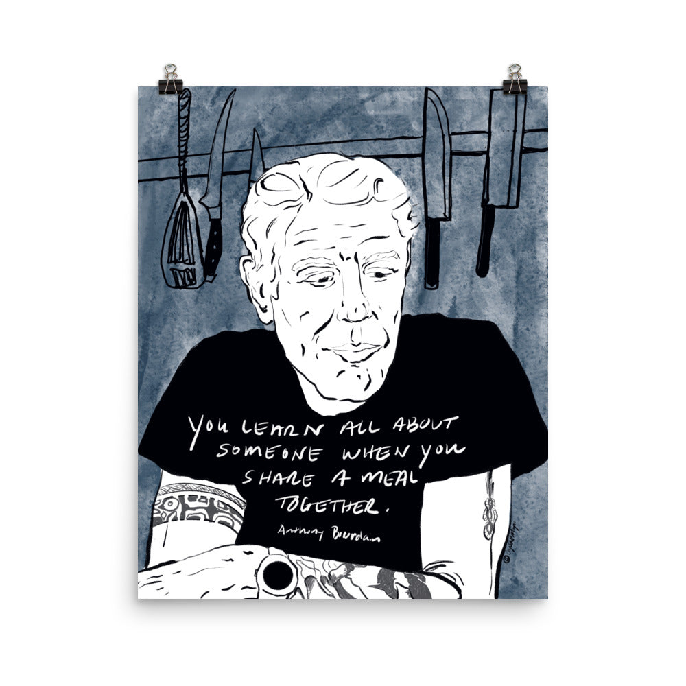 Black and white Bourdain portrait with “share a meal” quote