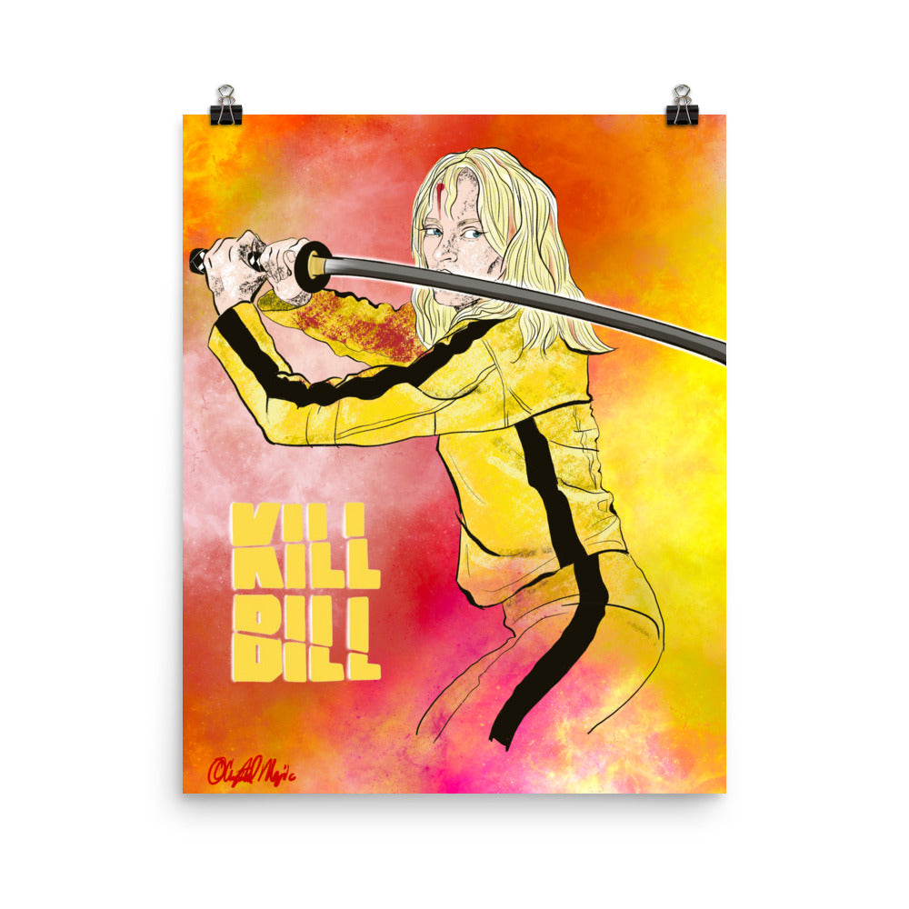 Uma Thurman Kill Bill pop‑art portrait with red smoke background
