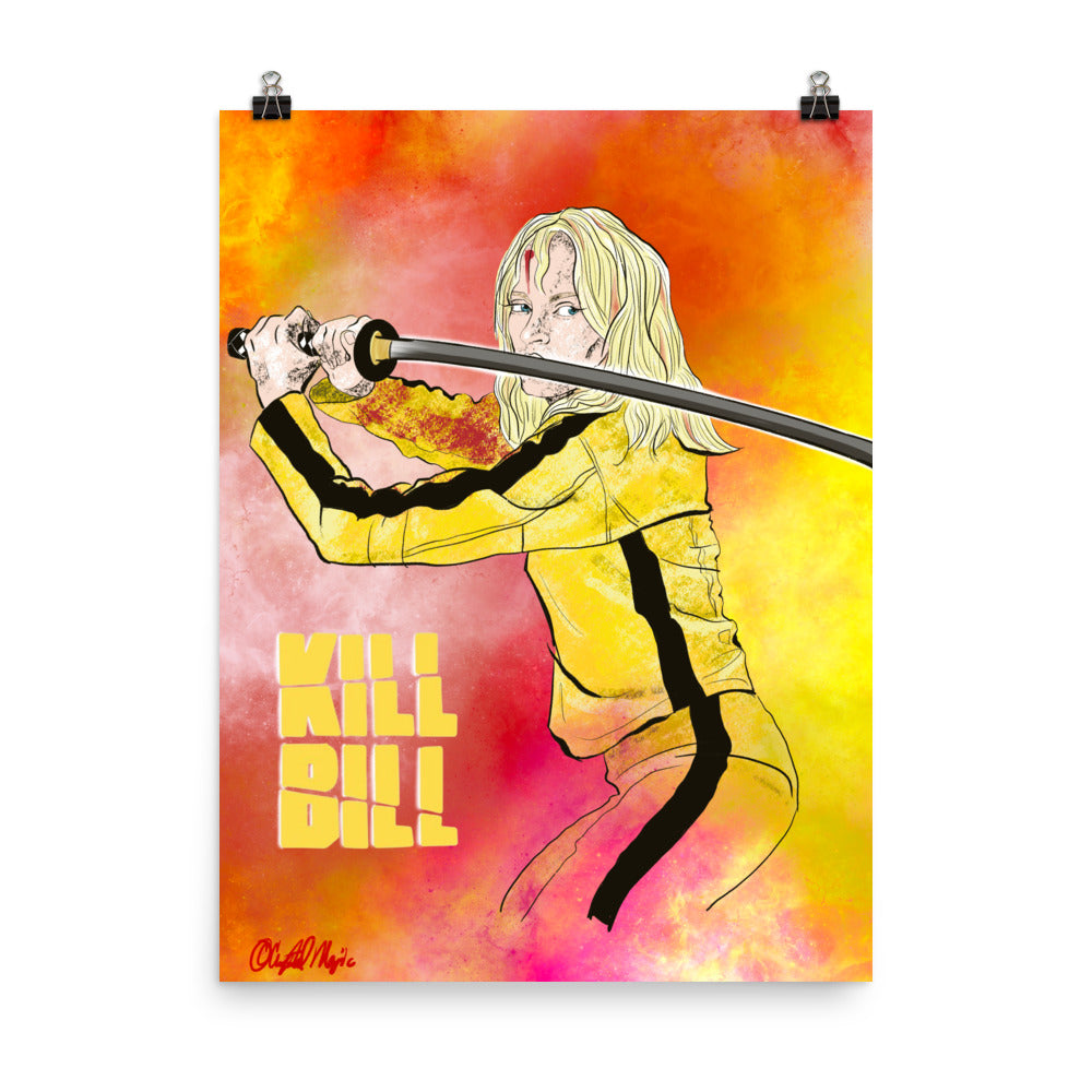 Uma Thurman Kill Bill pop‑art portrait with red smoke background
