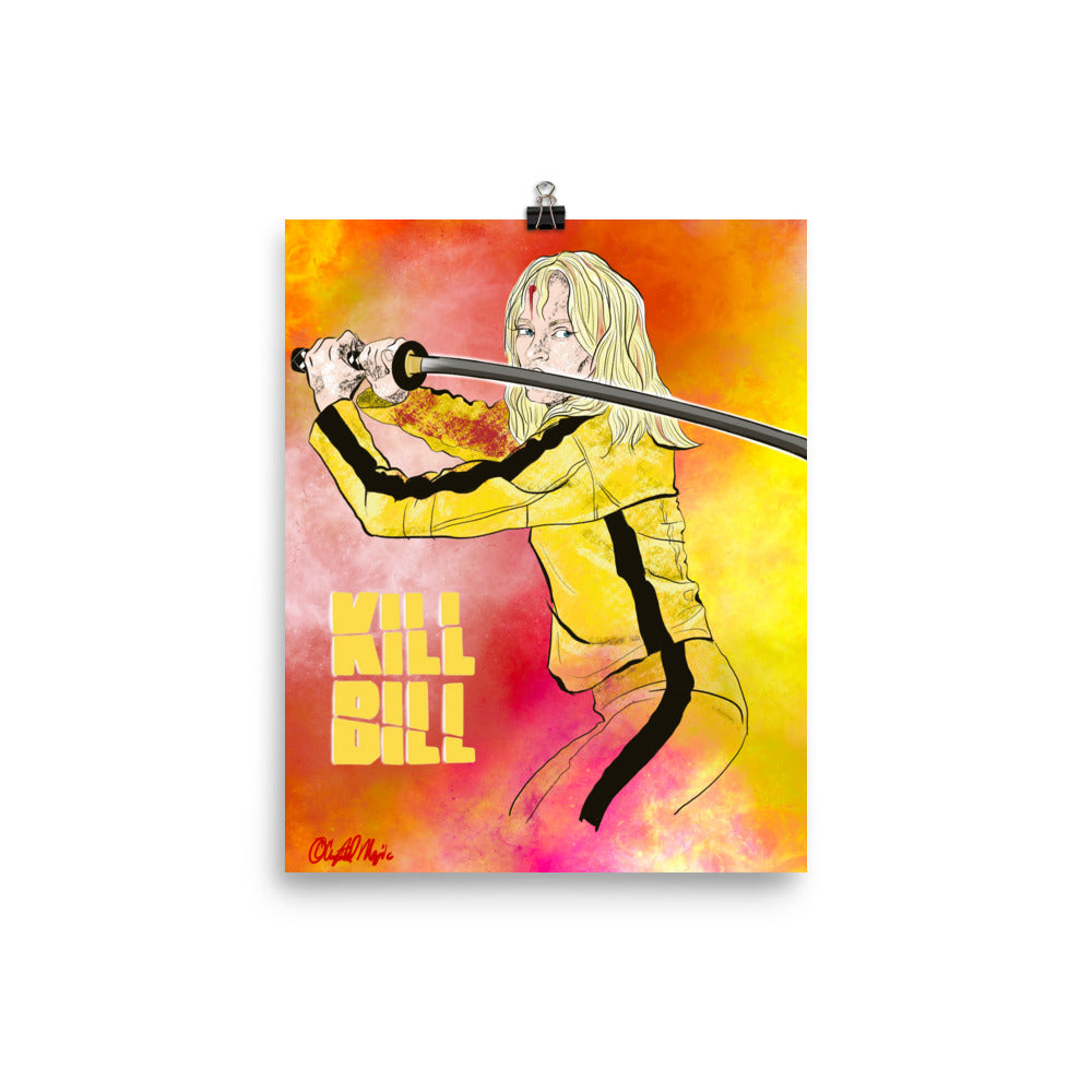 Kill Bill logo poster with yellow tracksuit character
