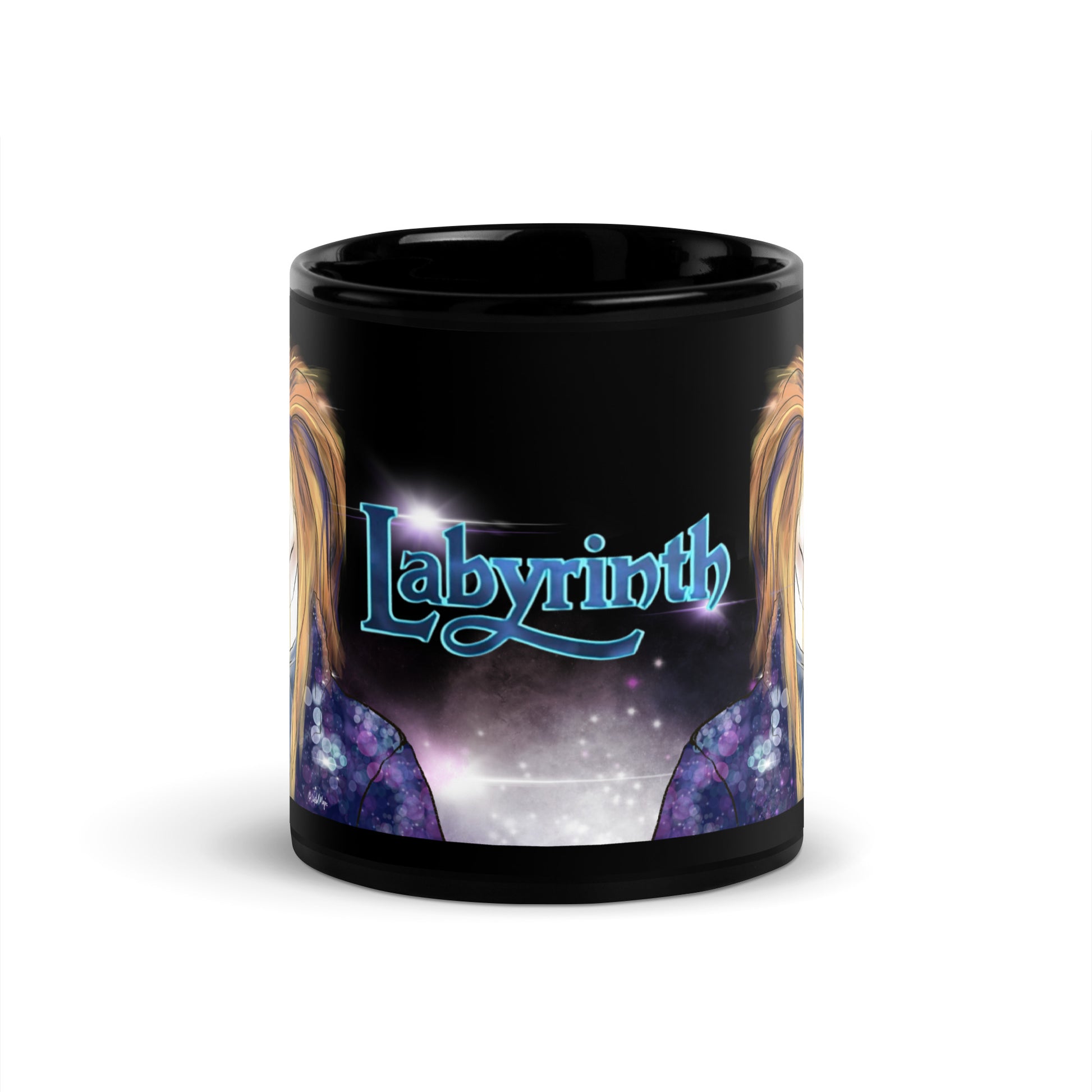 Labyrinth logo mug with glam sparkle artwork
