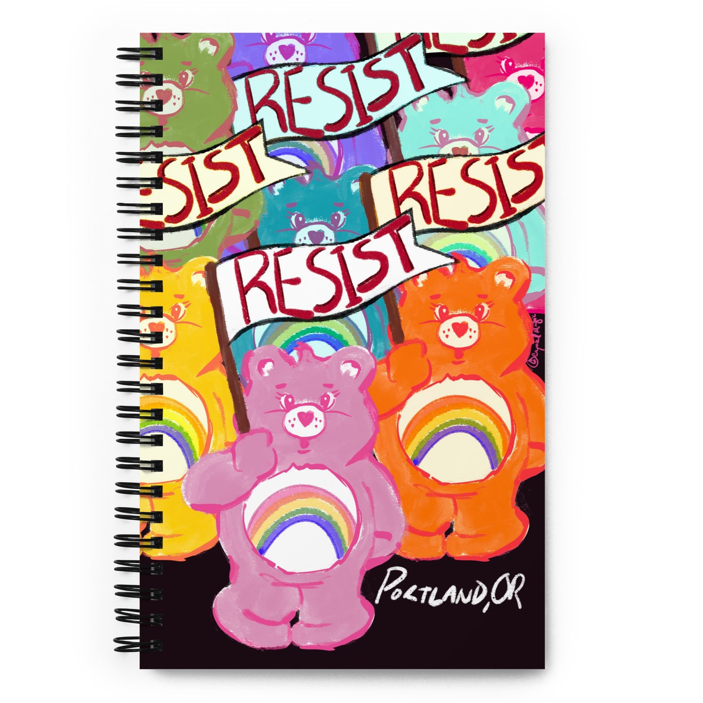 Pop‑art activist notebook with rainbow bear and “Resist” message
