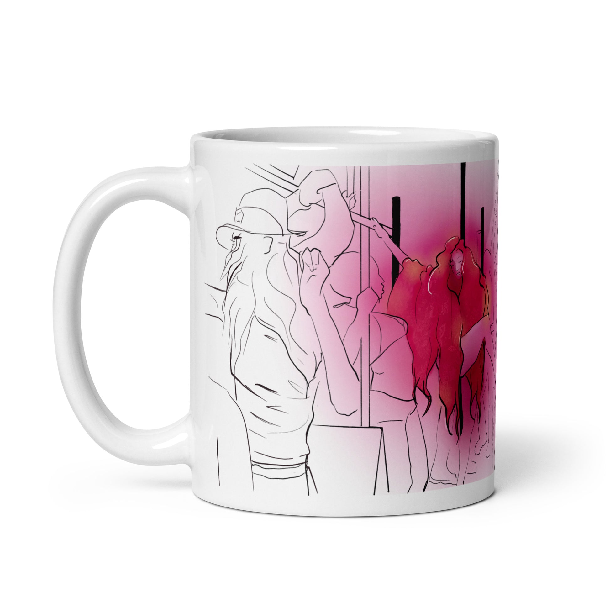 The Subway mug with black‑and‑white line‑art passengers

