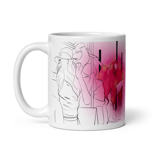 The Subway mug with black‑and‑white line‑art passengers
