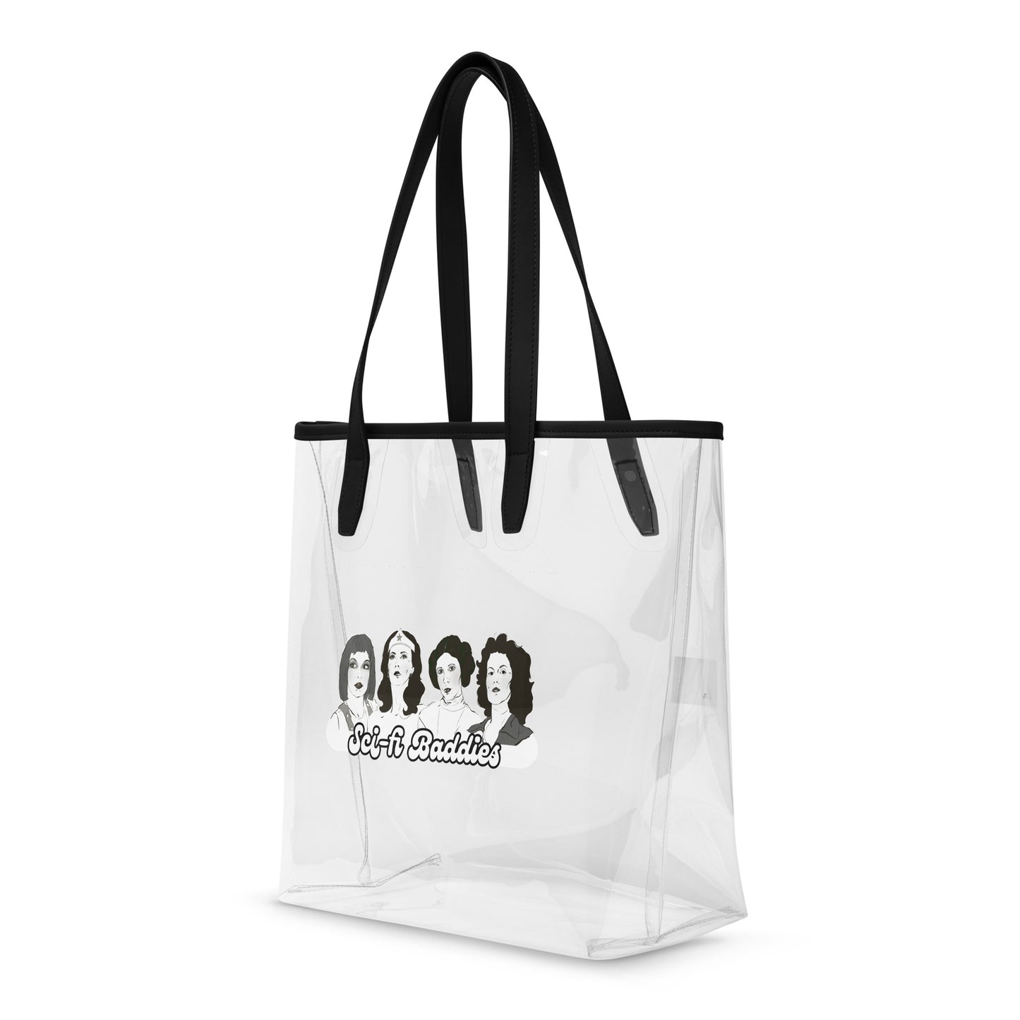 Transparent tote bag with bold black edging, decorated with illustrated portraits of four iconic sci‑fi women