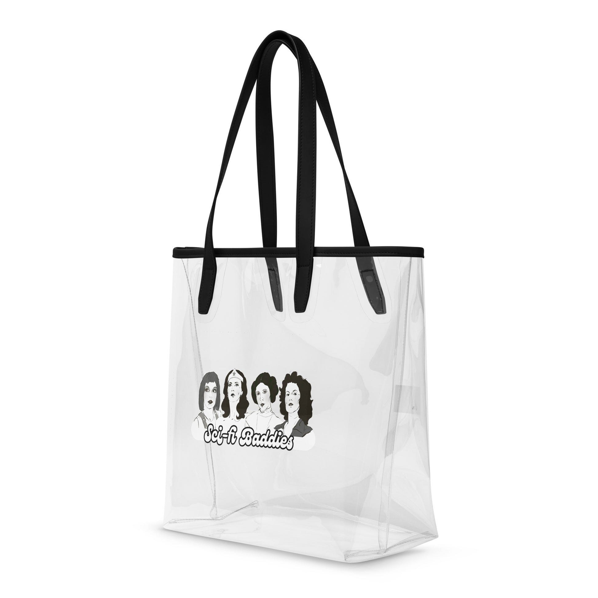 Transparent tote bag with bold black edging, decorated with illustrated portraits of four iconic sci‑fi women