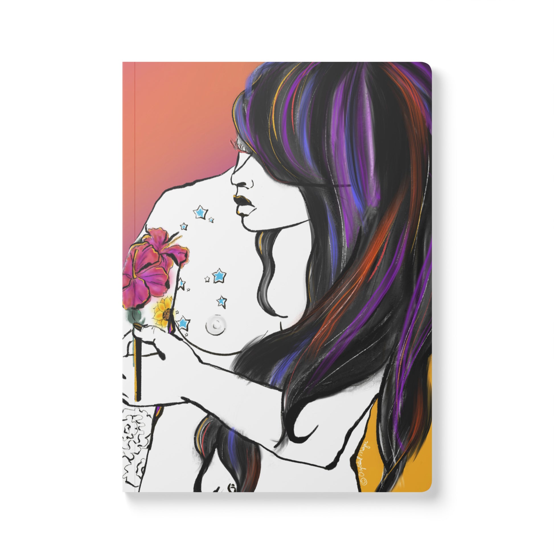 Black and white woman painting tattoo with colorful airbrush background
