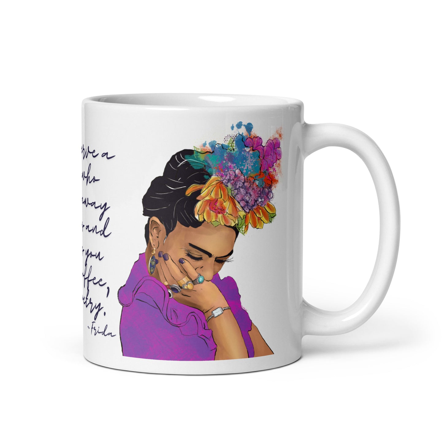 Frida Kahlo mug featuring “hope, coffee and poetry” quote

