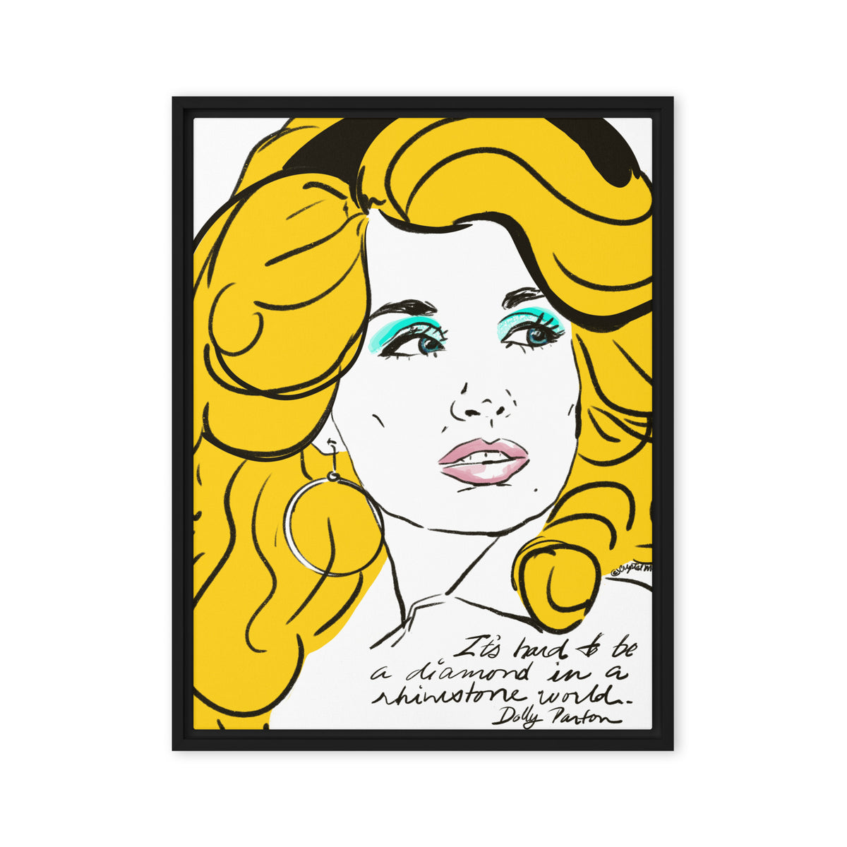Dolly Parton portrait in black and white with colorful makeup and blonde hair