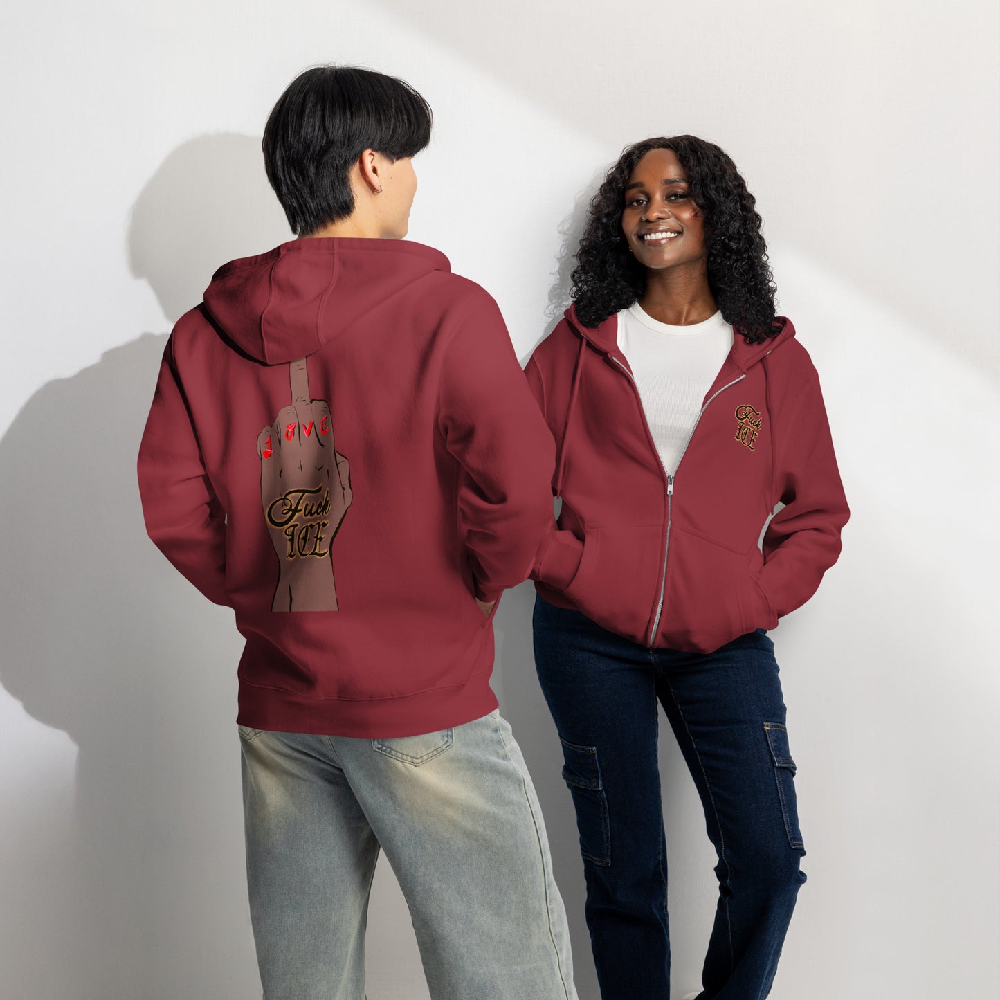 Tattoo‑style protest hoodie featuring middle‑finger graphic
