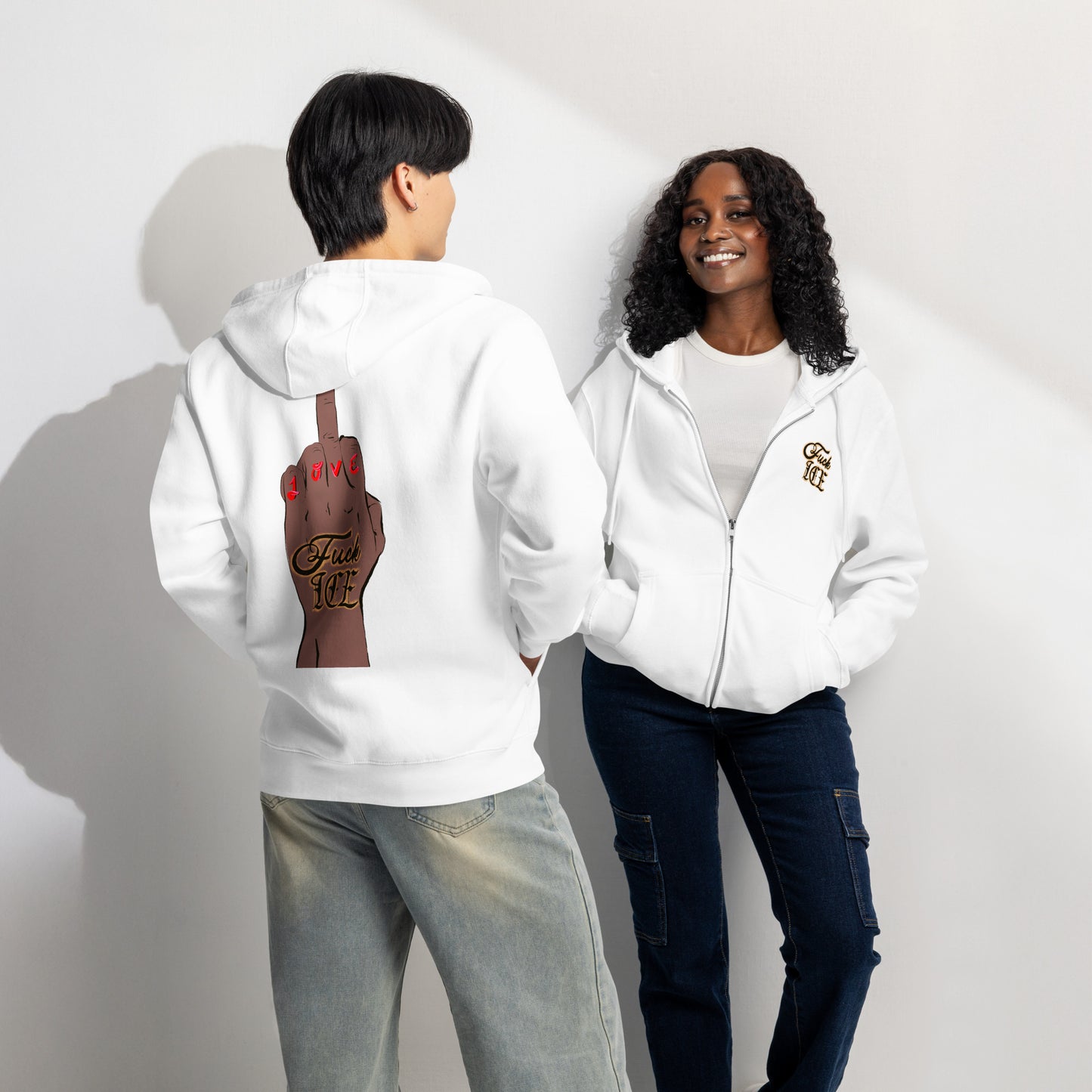 Tattoo‑style protest hoodie featuring middle‑finger graphic
