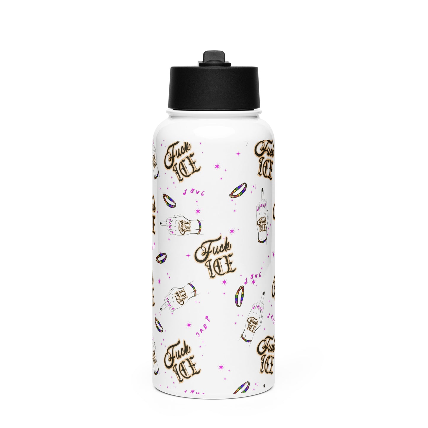 Tattoo‑style protest art water bottle with flip‑off hand
