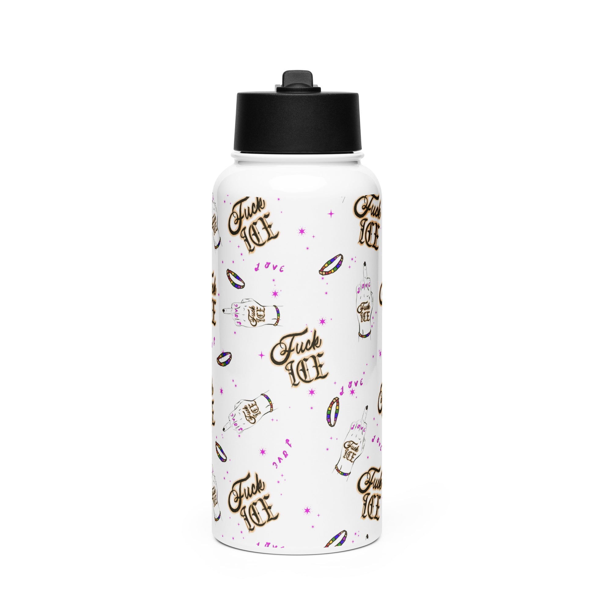 Tattoo‑style protest art water bottle with flip‑off hand
