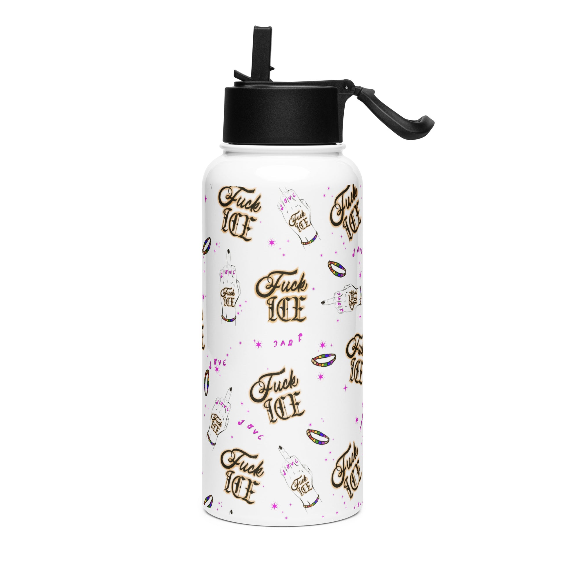 Pink sparkle star activist water bottle design