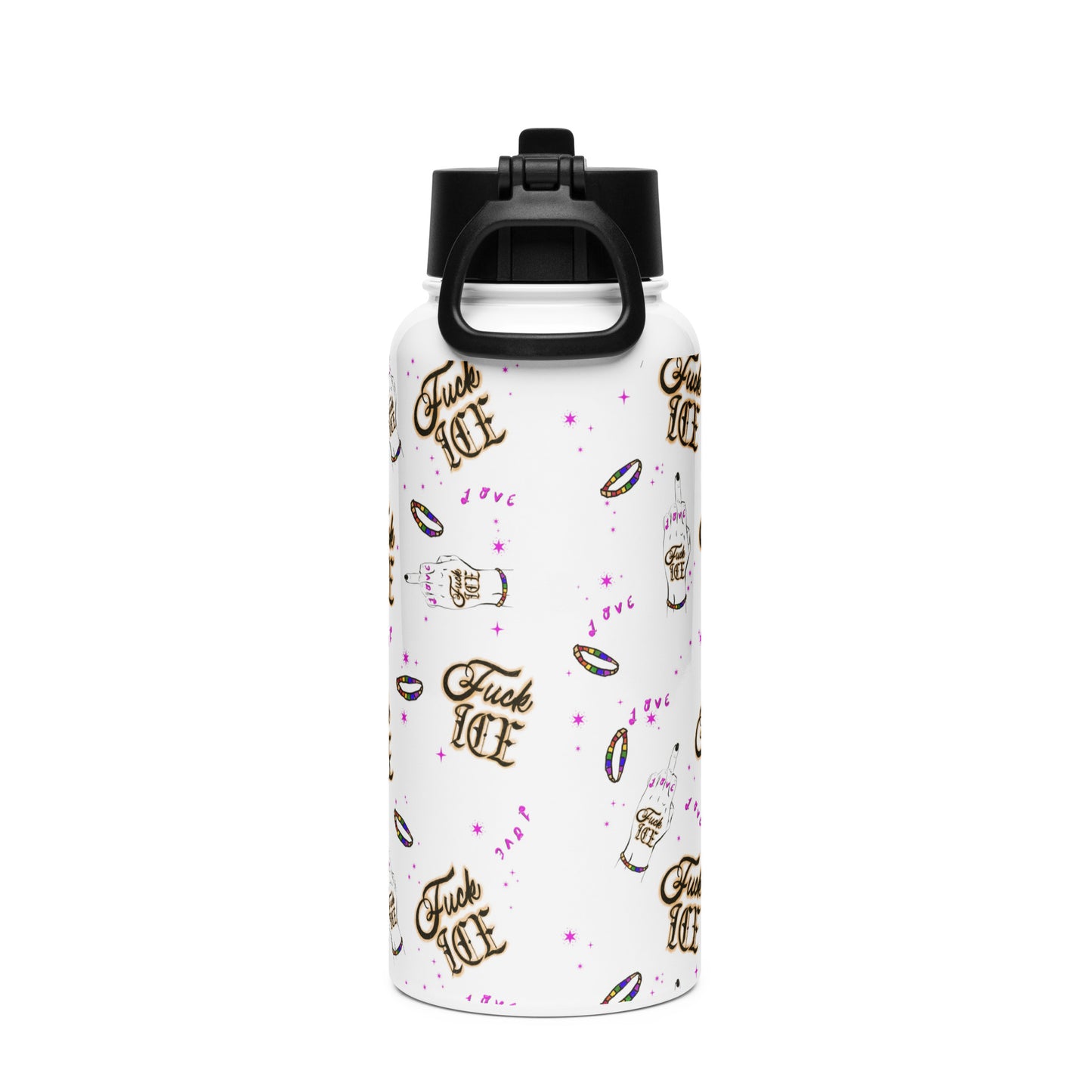 Tattoo‑style protest art water bottle with flip‑off hand
