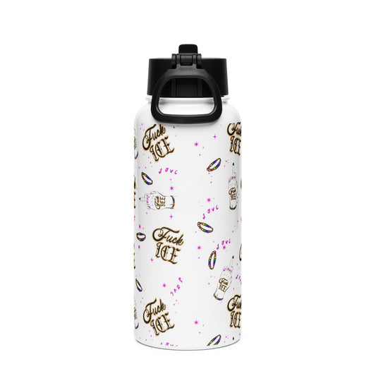 Tattoo‑style protest art water bottle with flip‑off hand

