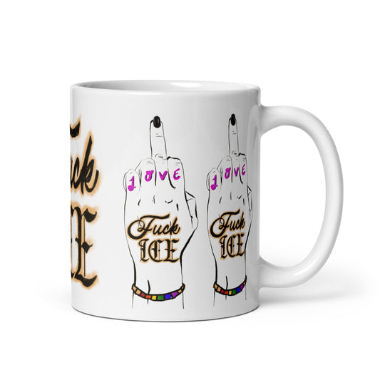 Middle finger protest art mug with LOVE knuckles
