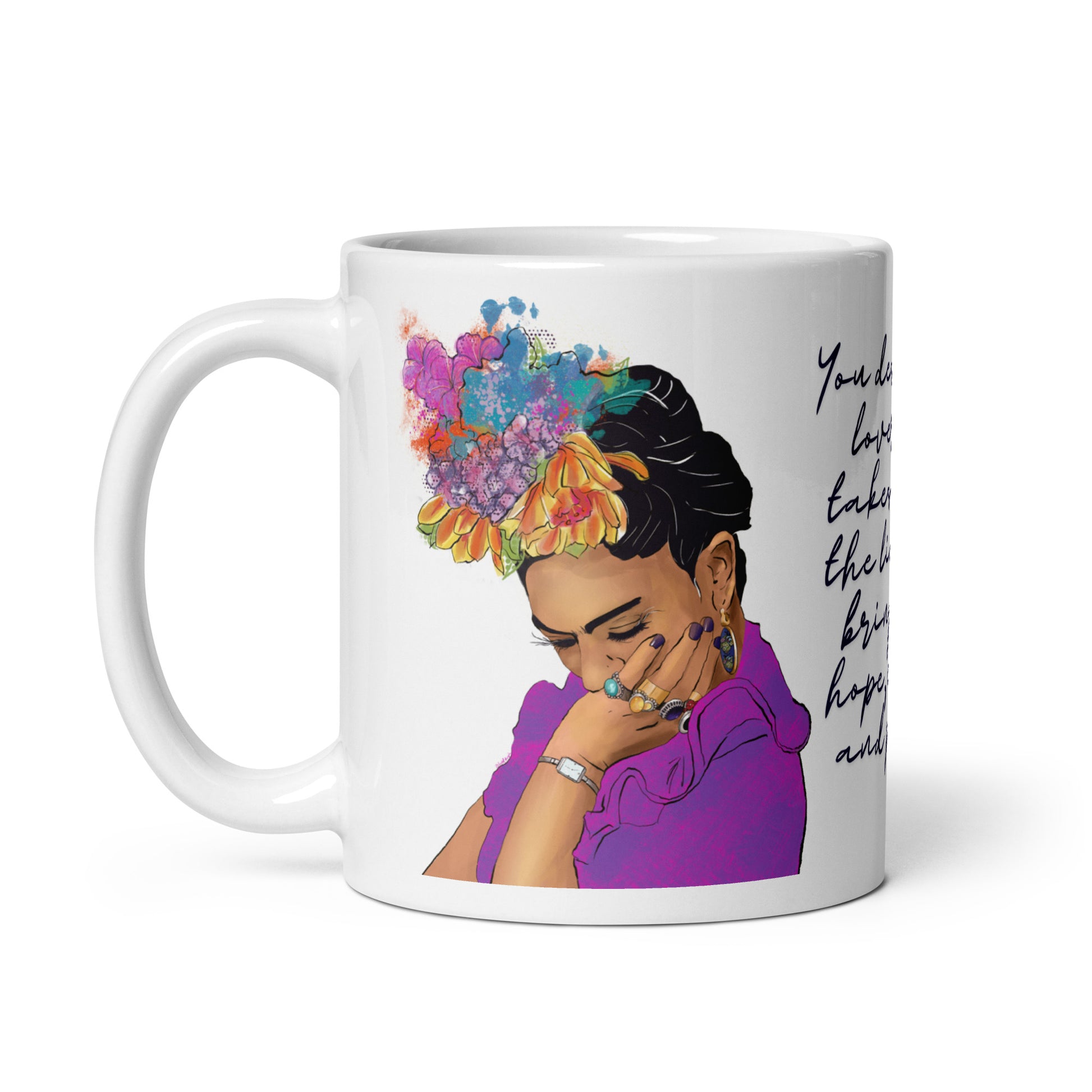 Frida Kahlo mug featuring “hope, coffee and poetry” quote

