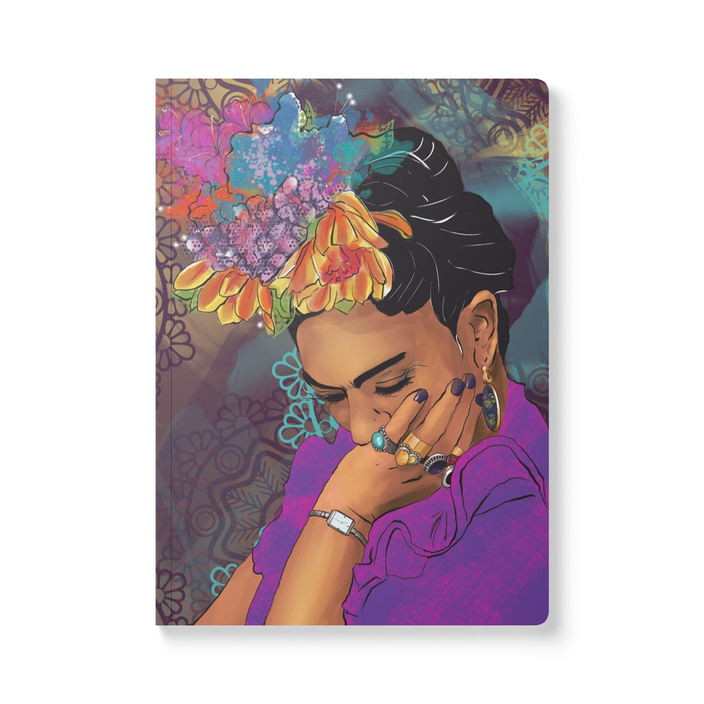Frida Kahlo journal with purple, teal, and yellow textured interior

