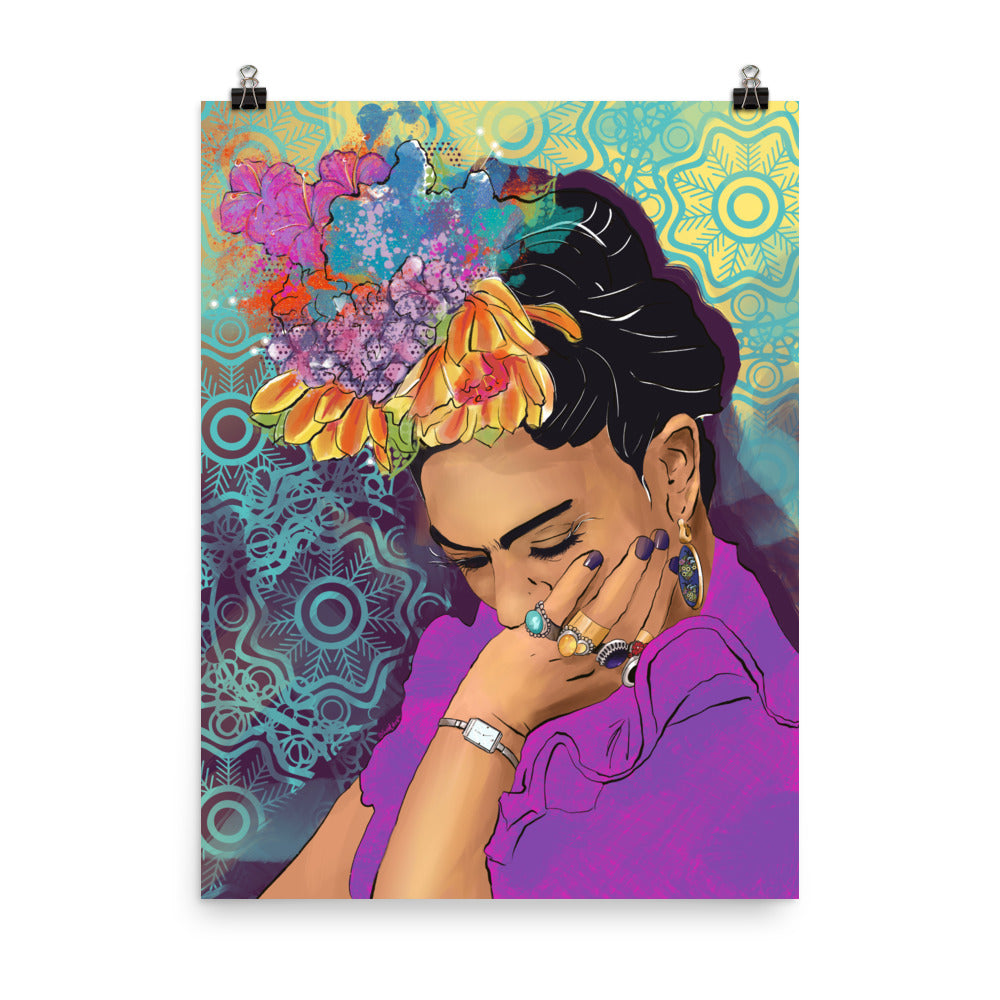 Colorful Frida illustration with layered brush textures