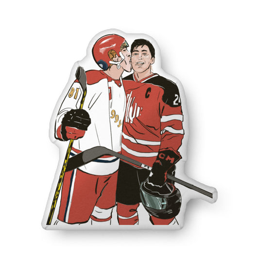 Hockey romance pillow featuring cute flirty Ilia licking Shane’s face