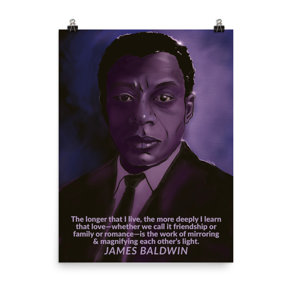 Purple Baldwin illustration with graphic text