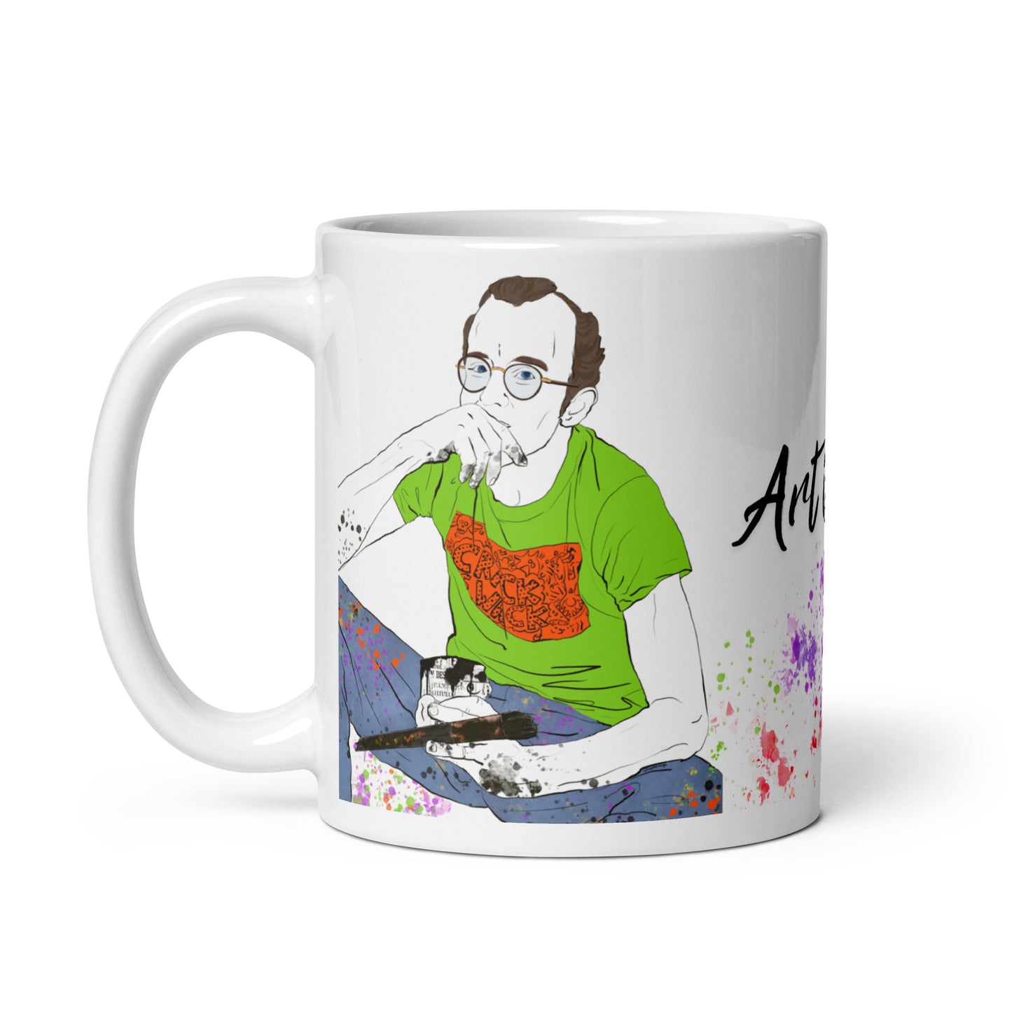 Black and white Keith Haring mug with bright green shirt