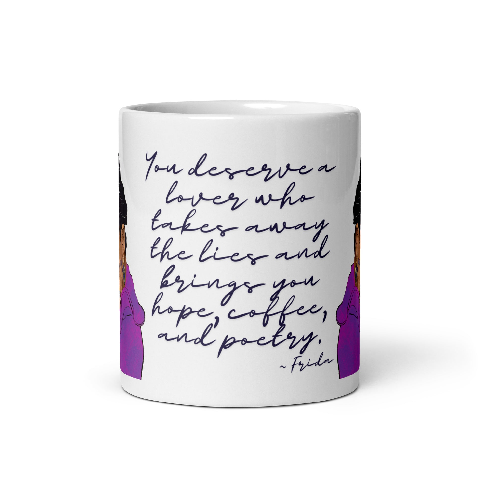 Frida Kahlo mug featuring “hope, coffee and poetry” quote

