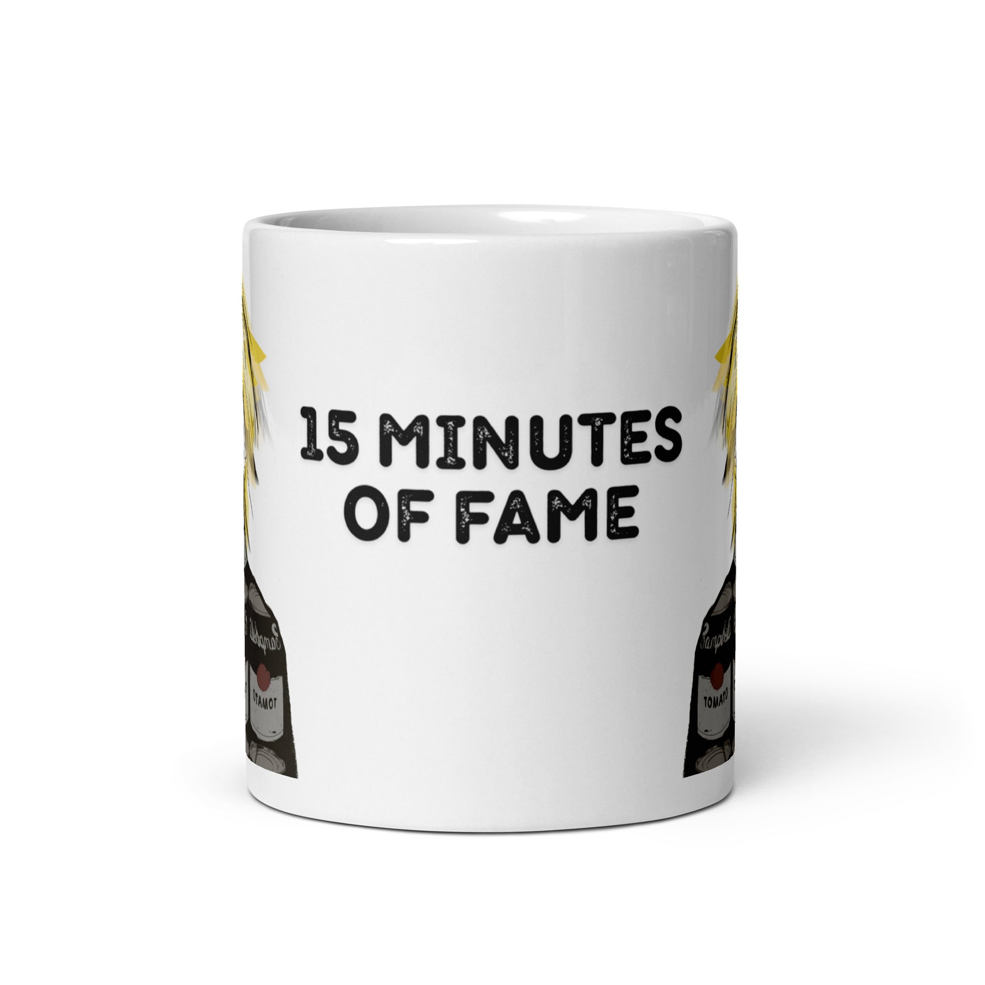 Andy Warhol portrait mug with bold black soup‑can graphics behind him and the quote “I15 minutes fame” printed across the design.