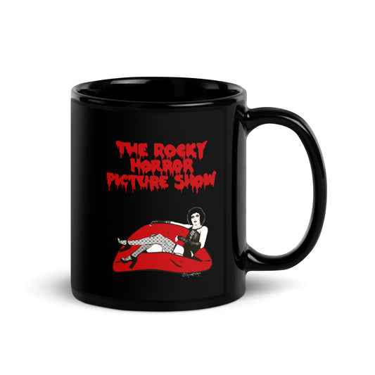 Rocky in fishnets sitting in red‑lipsticked mouth mug design