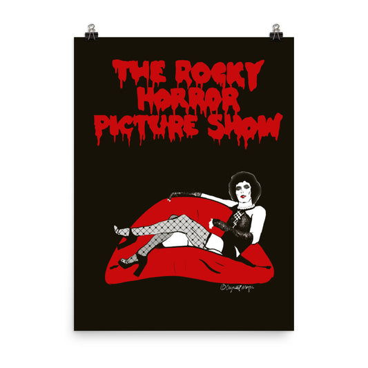 Frank N Furter in fishnets sitting in red lipsticked mouth