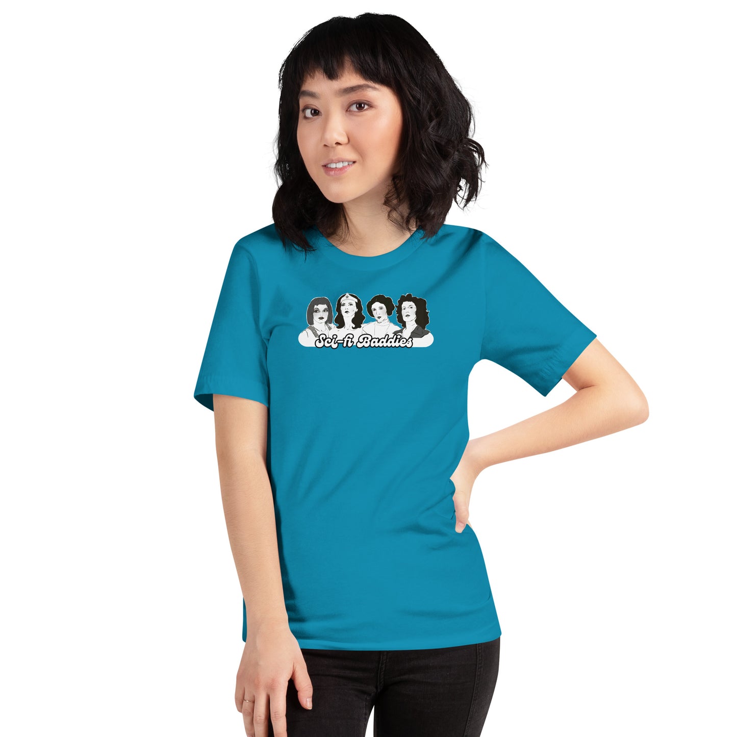 Pop‑culture baddies graphic tee featuring iconic female characters
