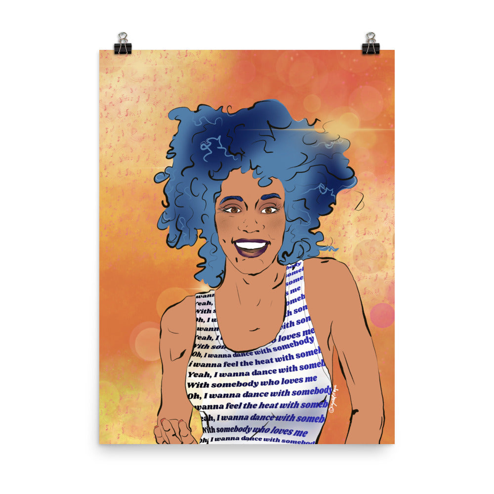 Music‑note background Whitney Houston illustration
