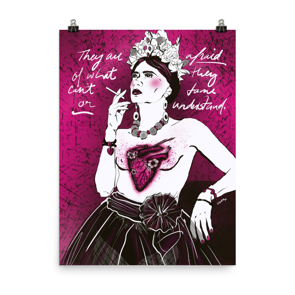 Black and white Frida portrait with fuchsia accents and tattoo heart
