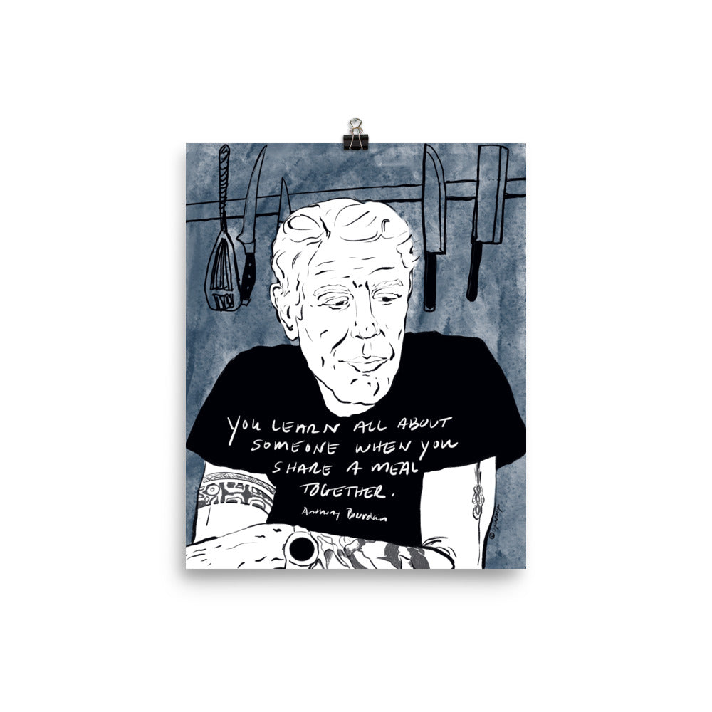 Pop‑art Anthony Bourdain print with knives and kitchen tools